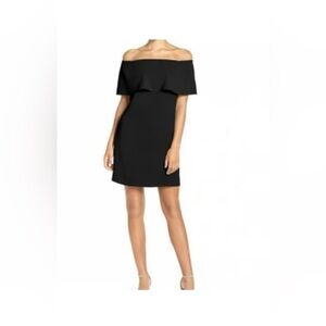 Charles Henry Off The Shoulder Mini Ruffle Sheath Dress Black Crepe Women’s L